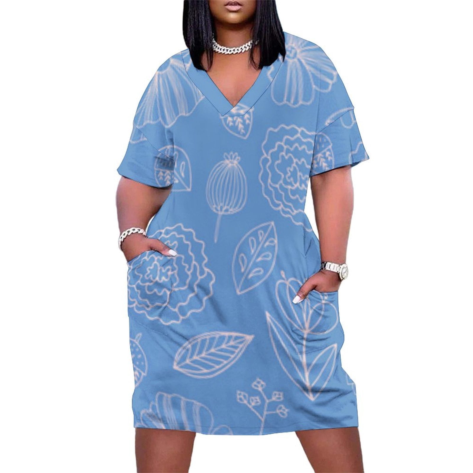 Blue Floral Pattern Simple Design Women's Summer Short Sleeve Casual ...
