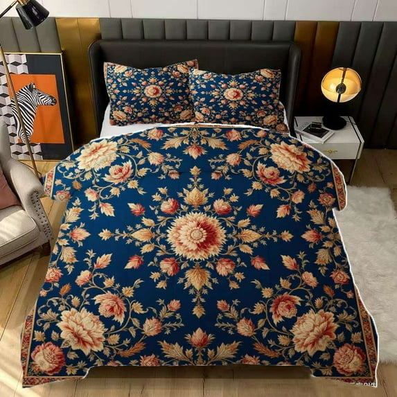 Blue Floral Pattern Square Comforter Set Queen Size Bedding Set For Travl Bedroom Decor Quilt With 2 Pillow Cases