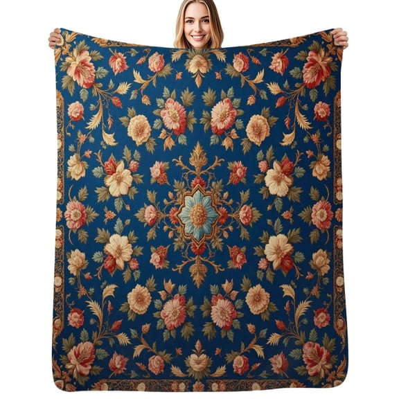 Blue Floral Pattern Square Flannel Blanket Warm Soft Bedding Throws Winter Camping Chair Sofa Bed