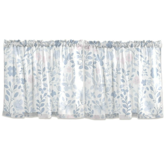 Blue Floral Pattern Tier Curtains for Kitchen 57x24 Inch Semi Sheer Light Filtering Half Window Curtains 2 Panels