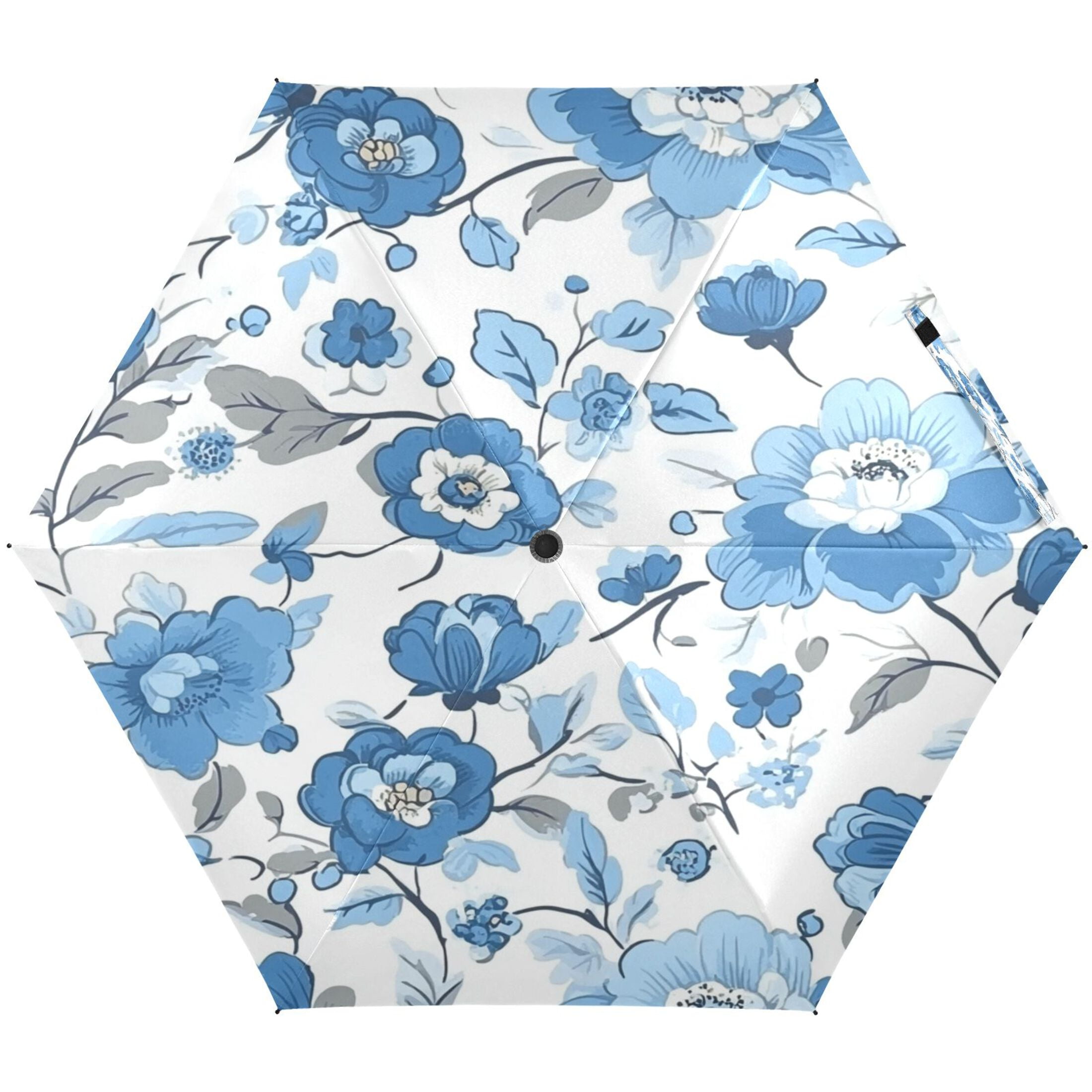 Blue Floral Pattern Umbrellas for Sun Auto Open Close UV50+ Waterproof 5-Fold Compact Fiberglass Frame