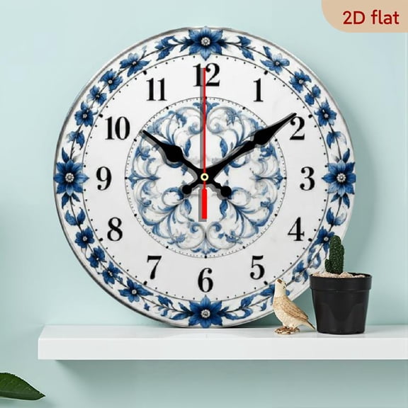 Blue Floral Pattern Wall Clock, Elegant Decorative Timepiece for Living Room, Bedroom, Kitchen, Ideal Aesthetic Gift for Family and Friends on Housewarming and Birthdays