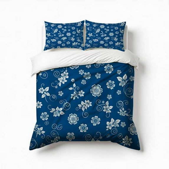 Blue Floral Pattern White Flowers Swirls Bedding Set 3 Pcs Soft Microfiber Quilt Cover For Bedroom Decor, Comforter Cover With 2 Pillowcase