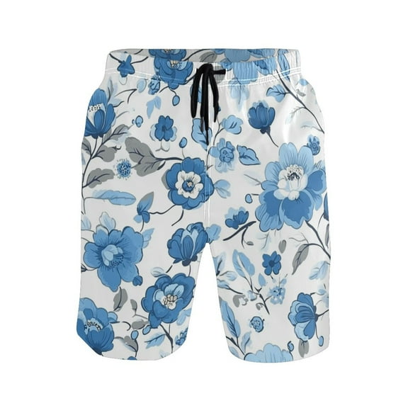 Blue Floral Pattern XX-large Size Men's Quick Dry Beach Shorts with Mesh Lining, Lightweight