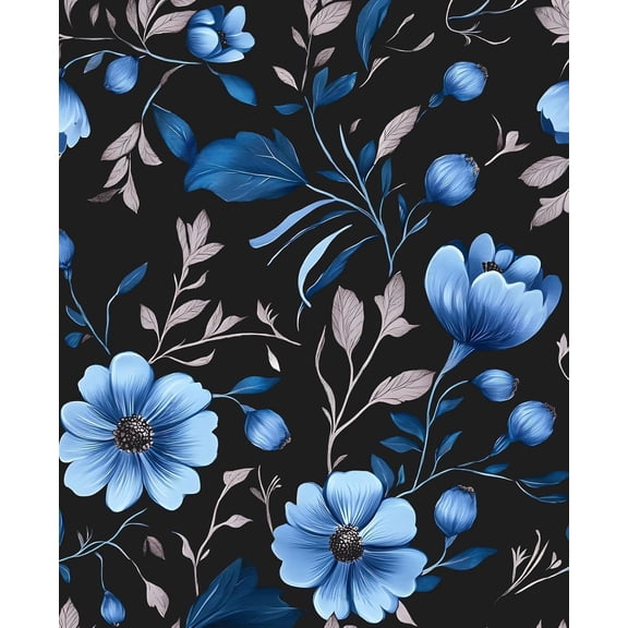 Blue Floral Peel and Stick Wallpaper, Moody Dark Flower Theme Contact Paper Stick on Bedroom Living Room Kitchen, Vintage Self Adhesive Removable Wall Paper Dark Black Blue 17.5In x 118In