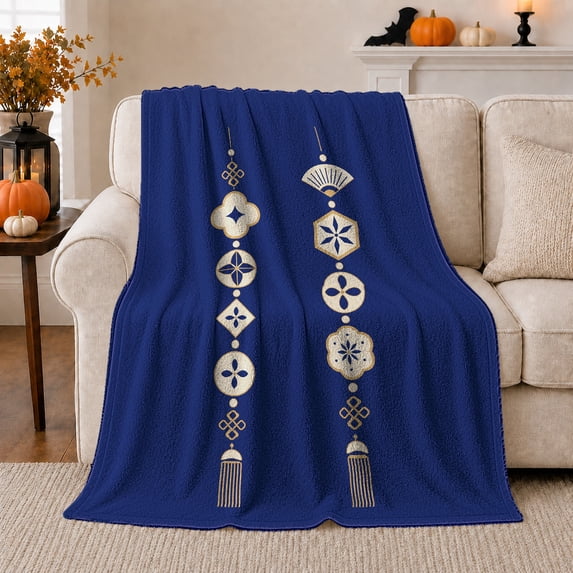 Blue Floral Pendant Flannel Blanket, Gold Fan Flower Knot Tassel Charm Pattern for Sofa Couch Bed Bedroom Home Decor Housewarming Gift Refined Royal Room Accent