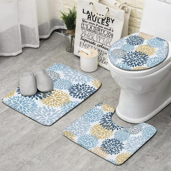 Blue Floral and Petal Pattern Bathroom Rugs Sets 3 Piece,Toilet Cover Set,Absorbent Non Slip Bathroom Mats Sets with U-Shaped Contour Rug Toilet Rug Set
