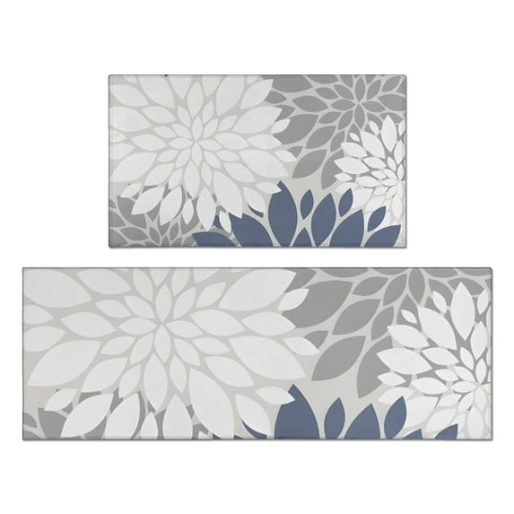 Blue Floral and Petal Pattern Kitchen Rugs Sets Of 2,Anti Fatigue Kitchen Mat Rugs Non Slip Washable,Decorative Kitchen Floor Mats for Kitchen,Sink,Laundry,17"x30"+17"x47"