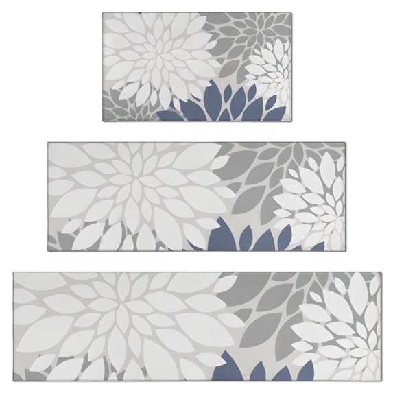 Blue Floral and Petal Pattern Kitchen Rugs Sets Of 3,Kitchen Runner Rugs Non Skid Washable,Decorative Kitchen Floor Mats for Kitchen,Sink,Laundry,17"x30"+ 17"x47" + 17"x59"