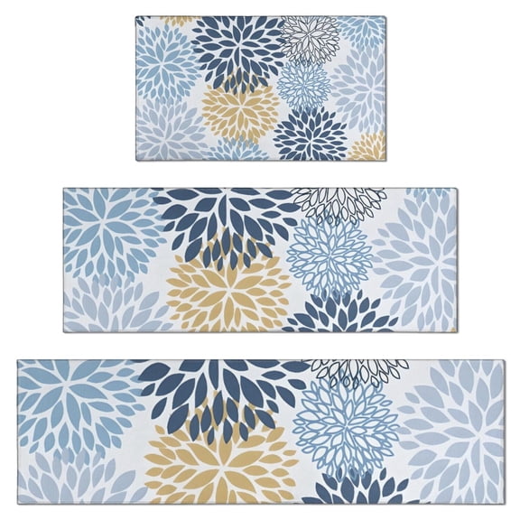 Blue Floral and Petal Pattern Kitchen Rugs Sets Of 3,Kitchen Runner Rugs Non Skid Washable,Decorative Kitchen Floor Mats for Kitchen,Sink,Laundry,17"x30"+ 17"x47" + 17"x59"
