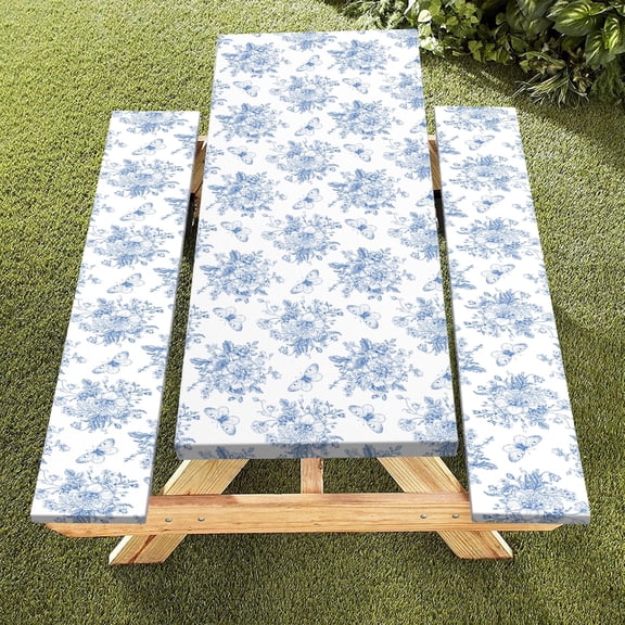 Blue Floral Picnic Table Cover with Bench Covers,Fits for Table 30"x72" Rectangle,Water Proof,Flower Design