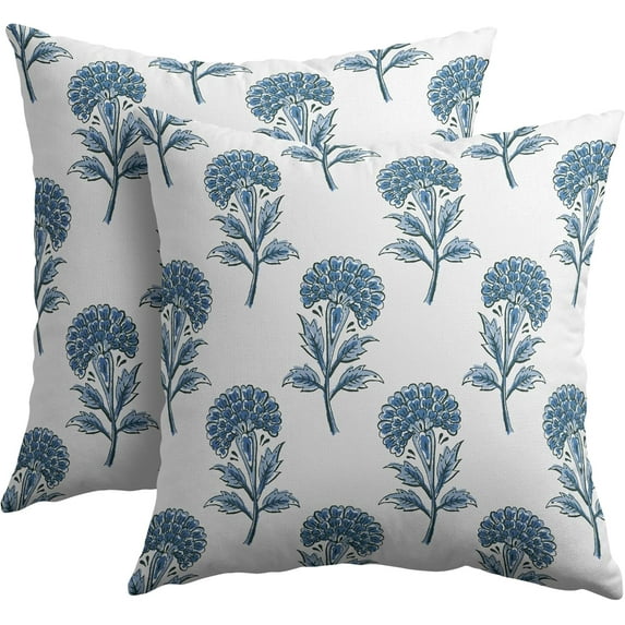Blue Floral Pillow Covers 16x16 Set of 2 Blue and White Block Print Pattern Rustic Spring Flower Decorative Outdoor Farmhouse Pillowcases Decorations Throw Cushion Cover Decor for Couch Sofa Bed