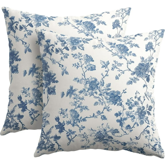 Blue Floral Pillow Covers 18x18 Inch Set of 2 Blue and Cream Chinoiserie Flower Outdoor Decorative Throw Pillows Vintage Rustic Toile Pillowcases Cushion Covers for Couch Home Decor