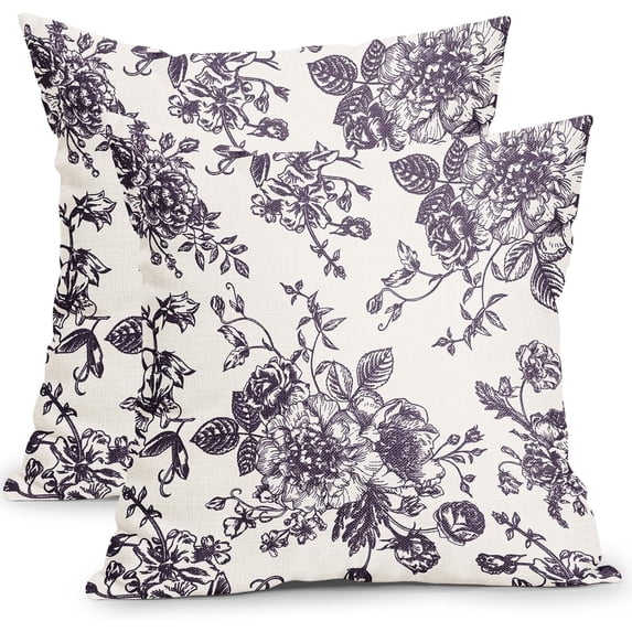 Vintage Floral Pillow Covers 18x18 Inch Set of 2 Tan and Cream Floral Throw Pillow Covers Chinoiserie Flower Pillowcases Rustic Farmhouse Cotton Linen Cushion Covers for Couch Bed Sofa Home Decor