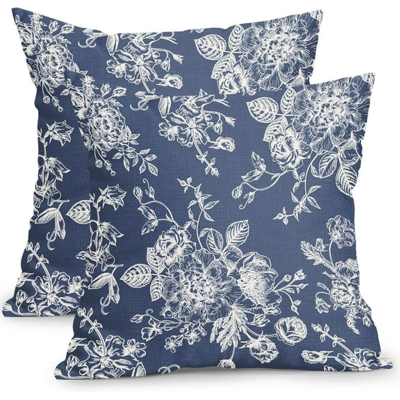 Blue Floral Pillow Covers 18x18 Inch Vintage Flower Blue White Decorative Throw Pillow Covers Set of 2 Chinoiserie Pillowcases Cotton Linen Square Cushion Covers For Couch Bed Sofa Chair Car Decor