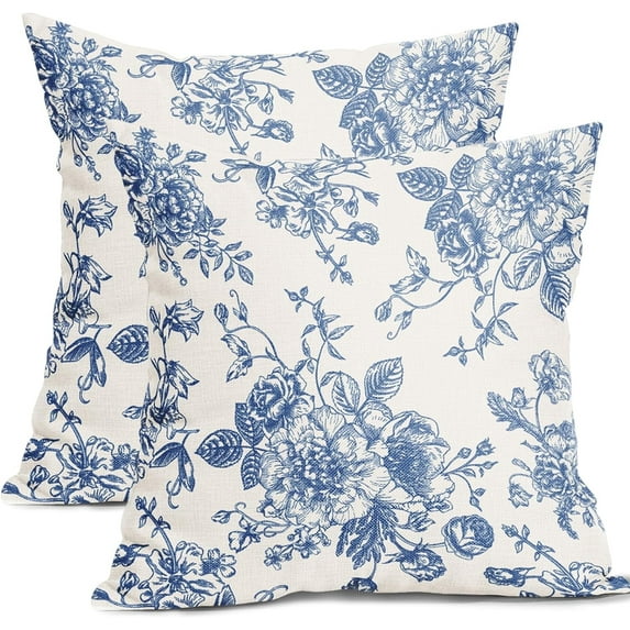 Blue Floral Pillow Covers 20x20 Inch Vintage Flower Blue White Decorative Throw Pillow Covers Set of 2 Chinoiserie Pillowcases Cotton Linen Square Cushion Covers For Couch Bed Sofa Chair Car Decor