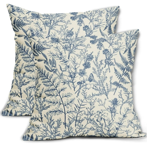 Blue Floral Pillow Covers 20x20 Set of 2 Botanical Print Vintage Spring Flower Plant Cream Decorative Throw Pillow Cases Outdoor Farmhouse Cushion Covers Decor for Sofa Couch Bed