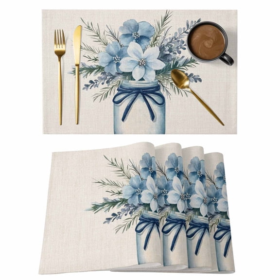 Blue Floral Placemats Set of 1, Vintage Daisy in Vase Farmhouse Flower Summer Non-Slip Place Mats Washable Table Mats for Kitchen Dining Table Decorations Indoor/Outdoor