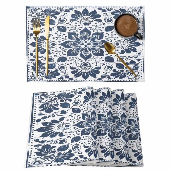 Blue Floral Placemats Set of 4, Cotton Linen Fabric Place Mats, Ethnic Boho Botanical Geometric Art Washable Decorative Table Mats Protector for Home Kitchen Dining Wedding Party Coffee Tables