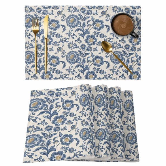 Blue Floral Placemats Set of 4, Oriental Traditional Ethnic Flower Texture Linen Non-Slip Place Mats Washable Table Mats for Kitchen Dining Table Decorations Indoor/Outdoor