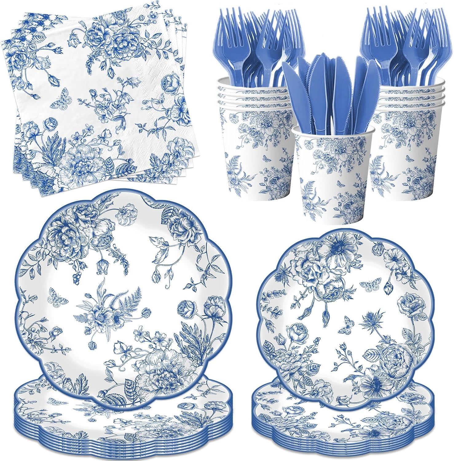 Blue Floral Plates, 144Pcs Blue Toile Scalloped Paper Plates and Blue Floral Plates, 144Pcs Blue Toile Scalloped Paper Plates and
