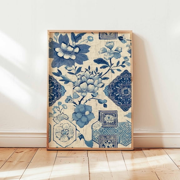 Blue Floral Porcelain Chinese Ceramic Pattern Vintage Botanical Art, Unframed Poster