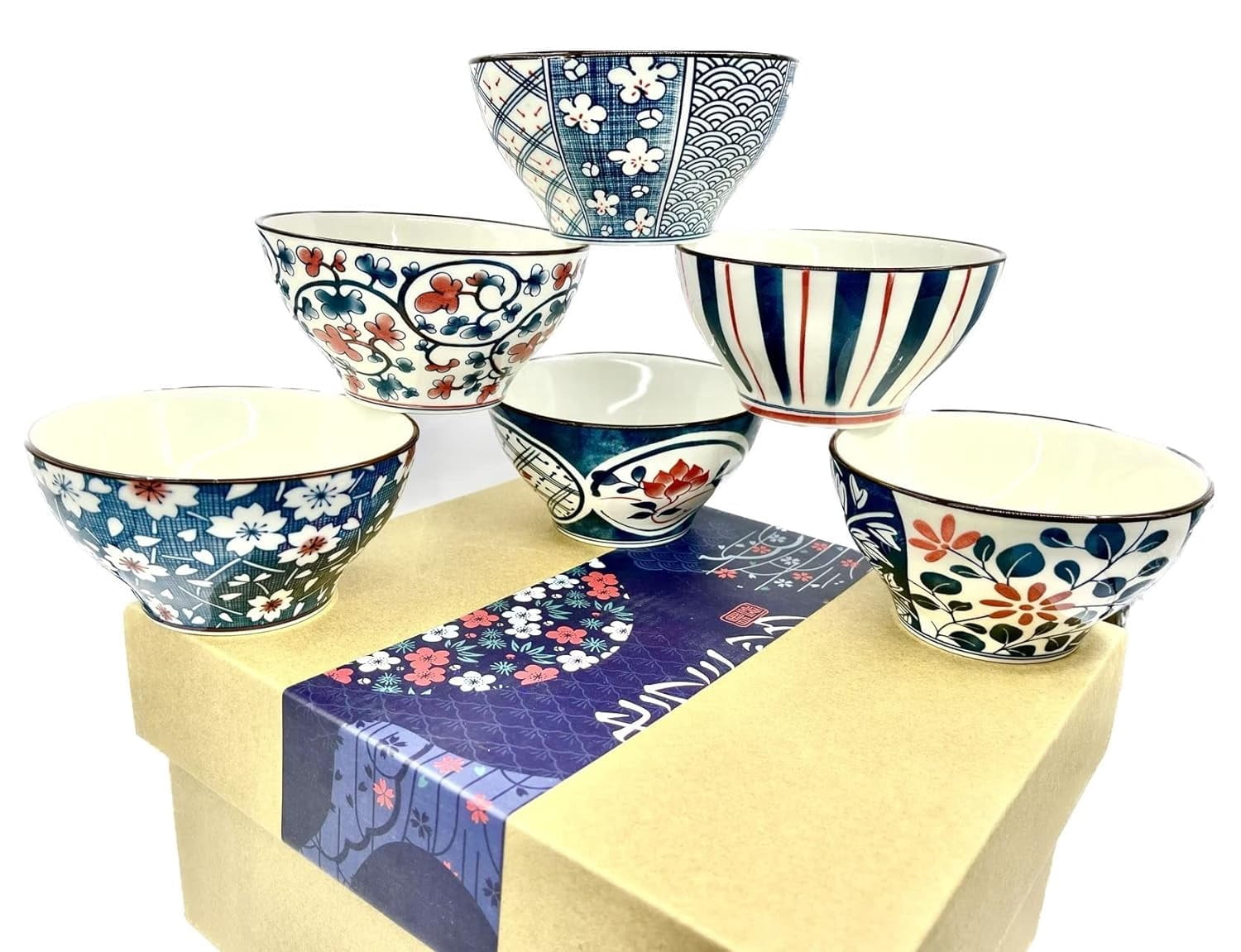 Luxshiny Japanese Ceramic Tableware Set - 6-Piece Individual Set With Bowl, Plate, Cup, Dish, Spoon & Chopsticks
