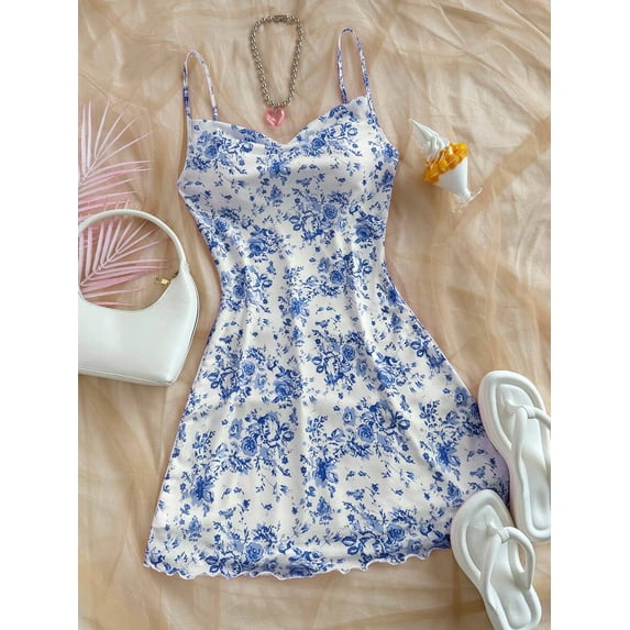 Blue Floral Print Draped Neck Cami Slip Dress For Women Summer Casual A-Line Mini Dress