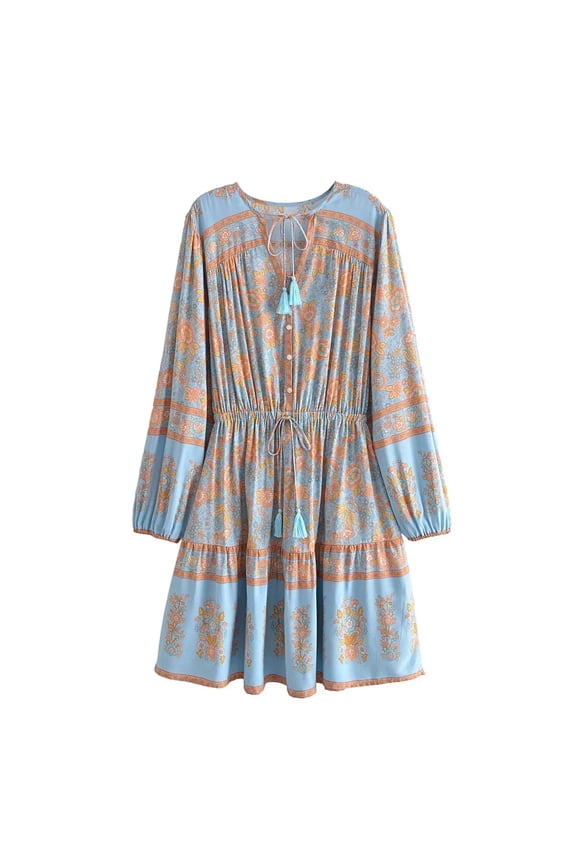 Blue Floral Print Lace-up Tassel Vintage Women Hippie Bohemian Mini Dress Ladies Long Sleeve Rayon Summer Boho Dress