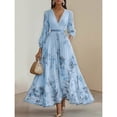 thumbnail image 1 of Blue Floral Print Lantern-Sleeve Ruched V-Neck Maxi Dress With Belted Waist, 1 of 2