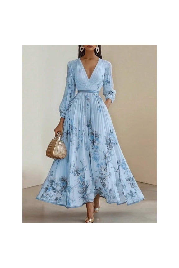 Blue Floral Print Lantern-Sleeve Ruched V-Neck Maxi Dress With Belted Waist