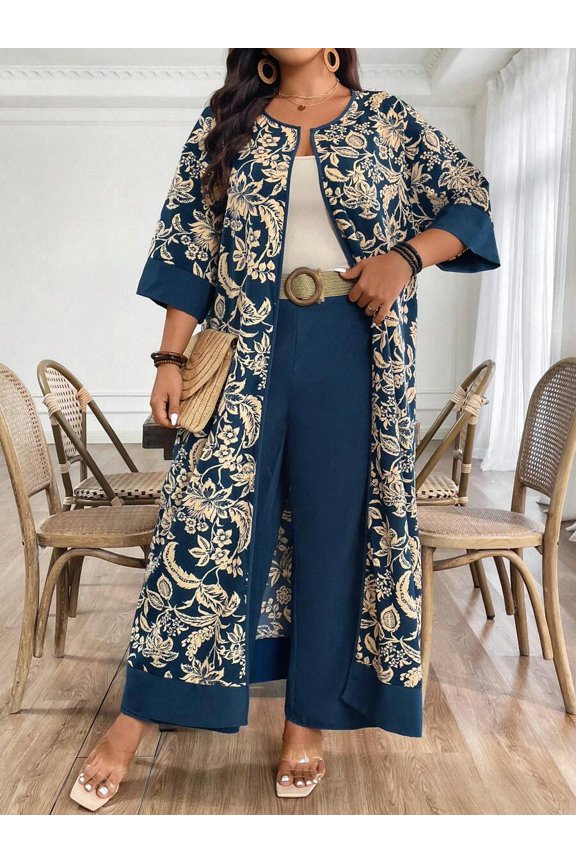 Blue Floral Print Open-Front Duster & Wide-Leg Pant Two-Piece Set