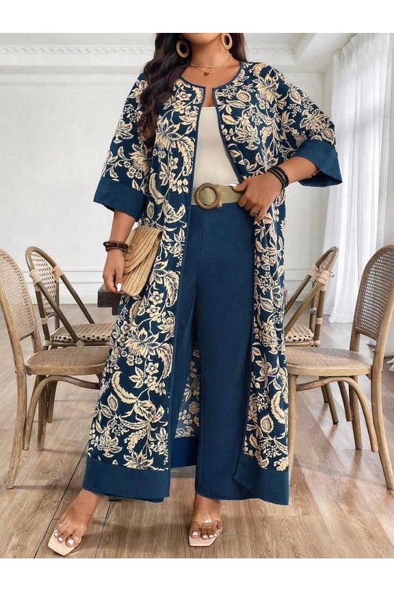 Blue Floral Print Open-Front Duster & Wide-Leg Pant Two-Piece Set