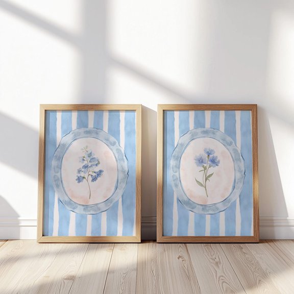 Blue Floral Print Prints Blue Nursery Wall Art Floral Wall Decor Botanical Set 2 Unframed Paper Print 8x12
