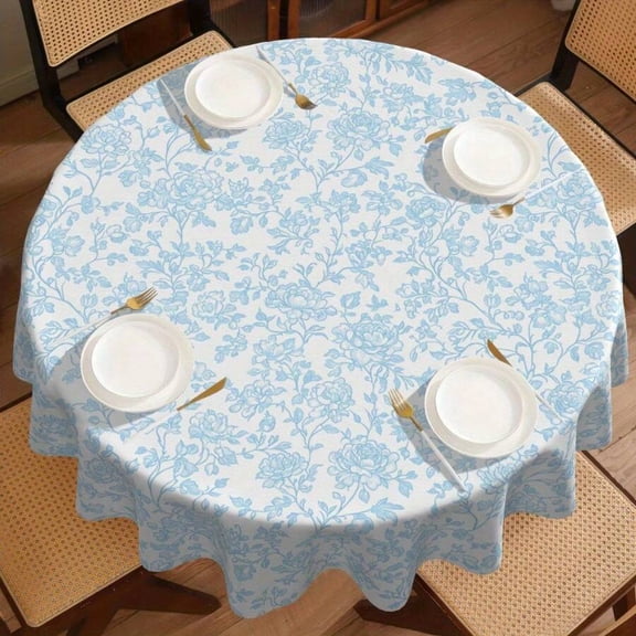 Blue Floral Print Round Tablecloth 60 Or 70 Inch Washable French Country Style