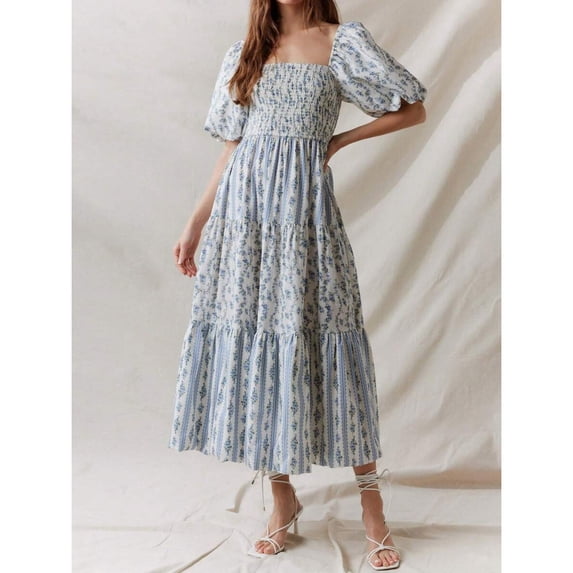Blue Floral Print Square Neck Puff Sleeve Tiered Smocked A-Line Maxi Dress For Women
