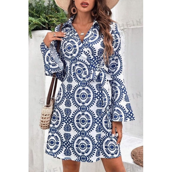 I AM A FASHION JUNKY Blue Floral Print V Neck Wrapped Knot Long Sleeve Dress