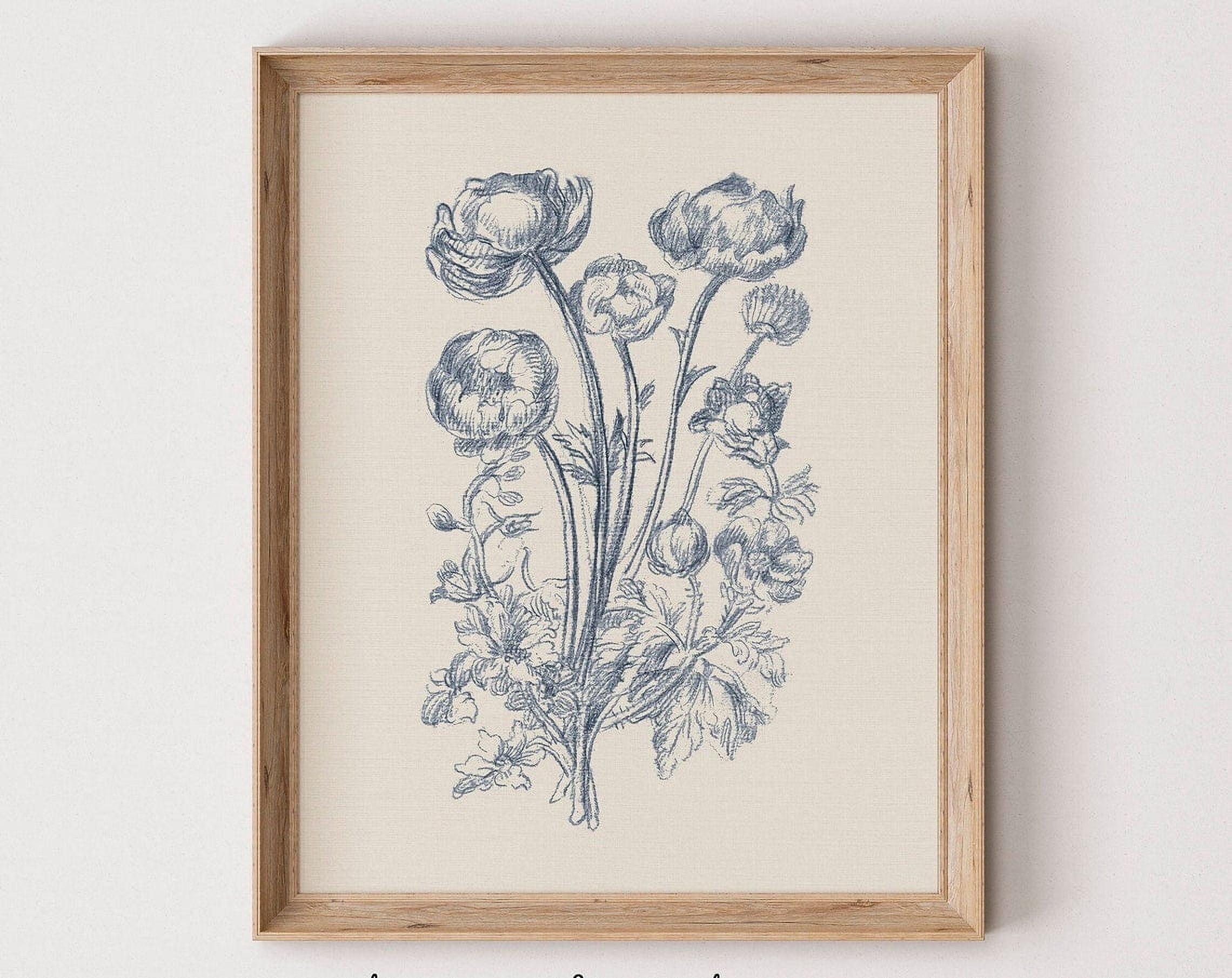Blue Floral Print Vintage Flower Sketch Rose Bouquet Art #281 Wall Art ...