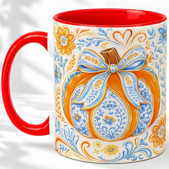 Blue Floral Pumpkin Accent Mug, 11oz Ceramic Coffee Cup for Fall Decor