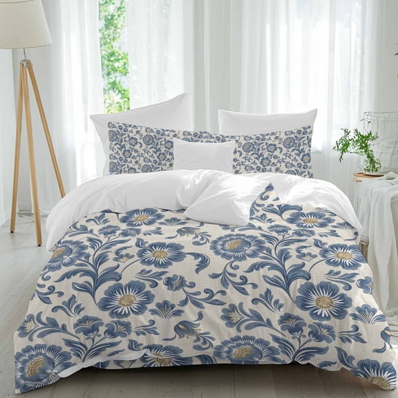 Blue Floral Queen Size Comforter Set, Oriental Traditional Ethnic Flower Texture Linen Bedding for All Seasons, 4 Pcs Bed Set, 1Quiltcover (90"x92") ,1Sheet(94"x116"), 2Pillowcases (30"x20")