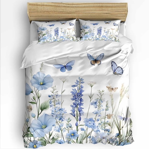 Blue Floral Queen Size Comforter Set, Spring Wildflowers Lavender Butterfly Botanical Soft Bedding for All Seasons, 4 Pcs Bed Set with 1Comforter (90"x92") ,1 Sheet(94"x116"), 2 Pillowcases (19"x29")