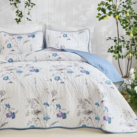 Blue Floral Quilt Set Queen Size, 3 Pieces Botanical Plants Pattern Bedspread Coverlet Set with 2 Pillowcases, Soft Lightweight Microfiber Bedding Set for All Season(96"×90")