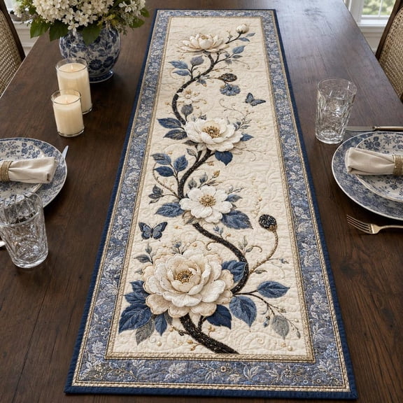 Blue Floral Quilted-Style Table Runner, Chinoiserie Dining Linen, Magnolia Decor