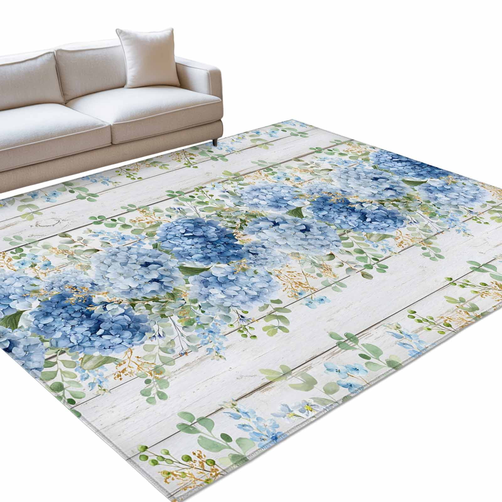 Floral Rectangular Rug Blue Floral Rectangle Rug 5'x8' Summer Country Blue Hydrangea Floral ...