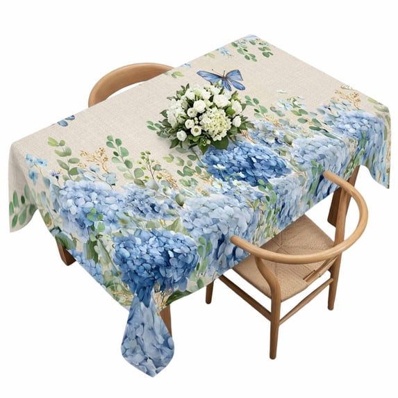 Blue Floral Rectangle Tablecloth Summer Country Hydrangea Floral Butterfly Linen Texture Waterproof Wrinkle Free Soft Table Cloth Spill-Proof Washable Table Cover for Dining Picnic 60 x 120 Inch
