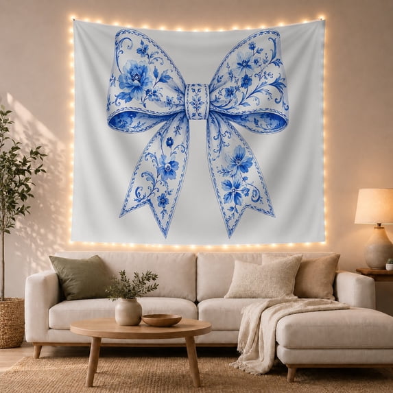 Blue Floral Ribbon Bow Tapestry