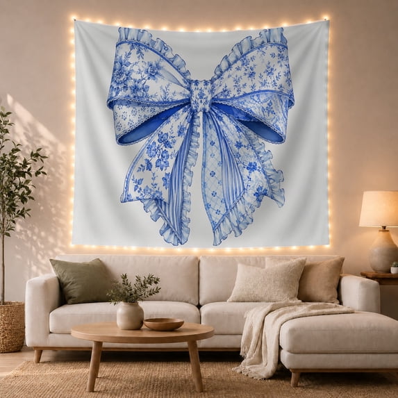 Blue Floral Ribbon Bow Tapestry