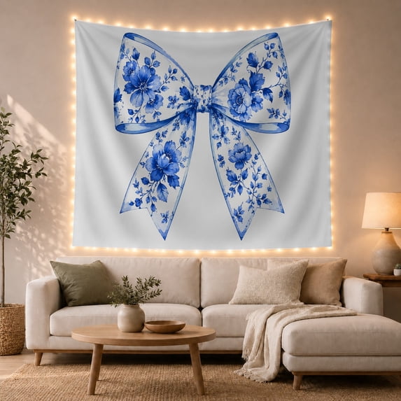 Blue Floral Ribbon Bow Tapestry