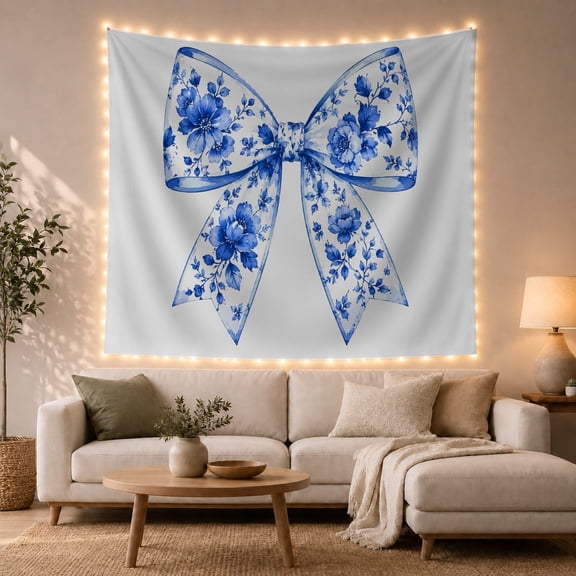 Blue Floral Ribbon Bow Tapestry