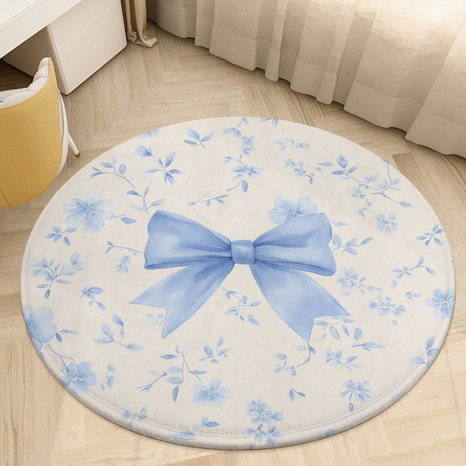 Blue Floral Ribbon Pattern Round Area Rugs for Bedroom Living Room, 5FT ...